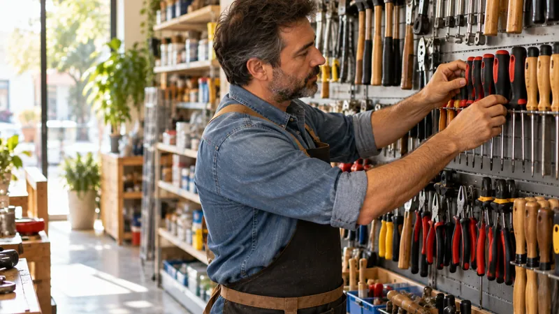 Un ferretero ordena herramientas de mano en un expositor mural de su tienda de barrio.