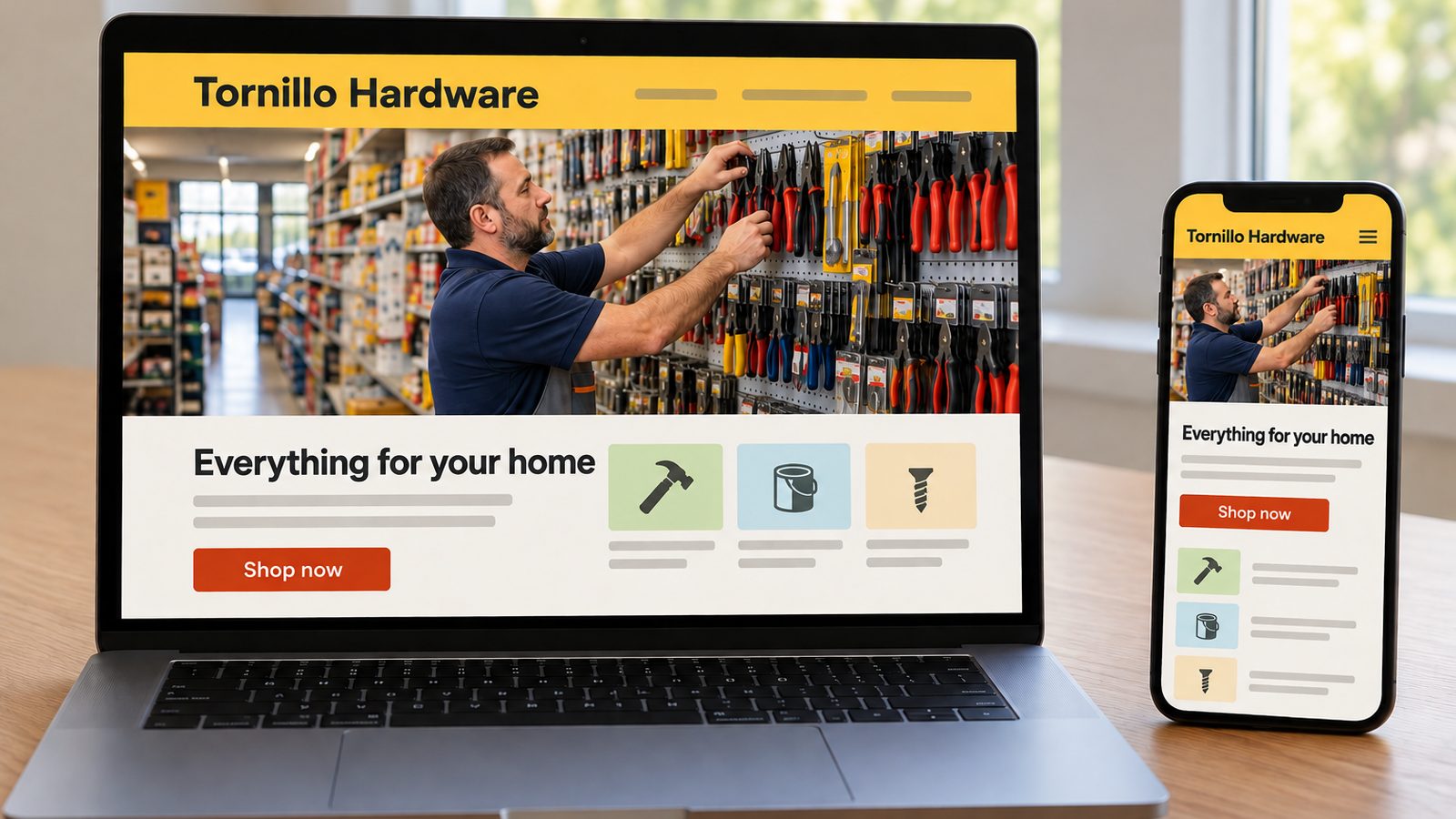 Laptop and smartphone display the same hardware store website in desktop and mobile layouts side by side.