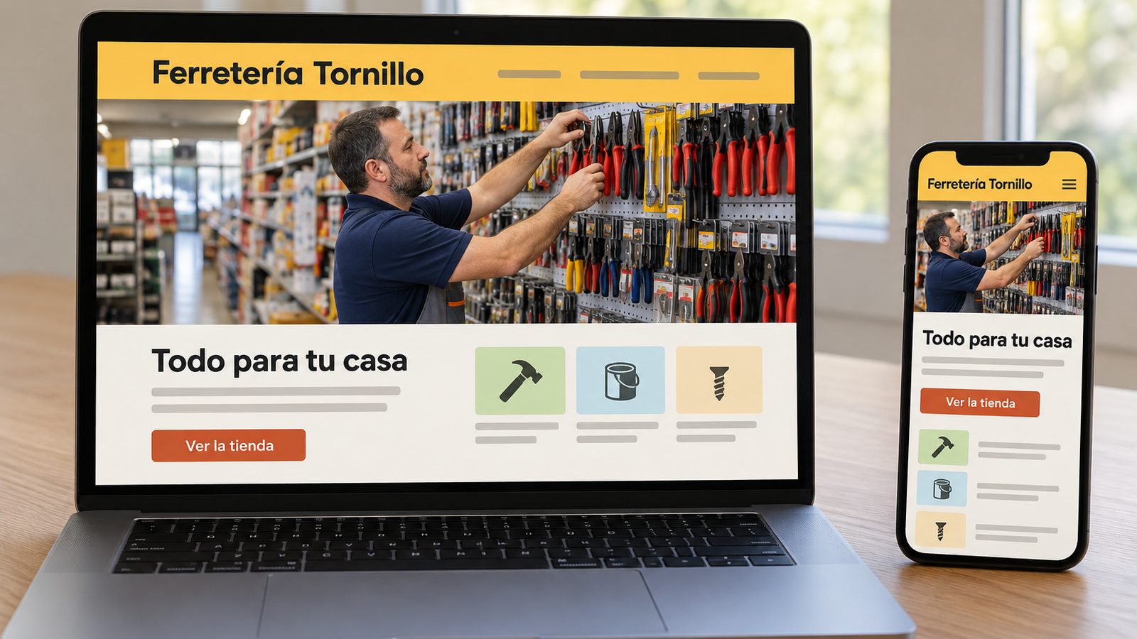 Ordenador portátil y móvil muestran la web de una ferretería con la misma página adaptada a cada pantalla.