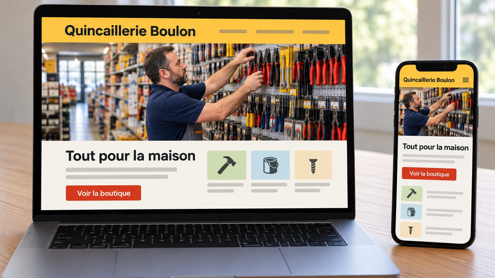 Ordinateur portable et smartphone affichant le même site de quincaillerie, adapté aux écrans d’ordinateur et mobile.
