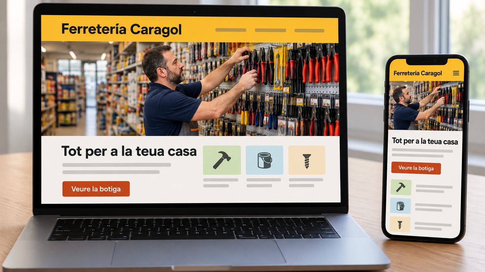 Ordinador portàtil i mòbil mostren la web d'una ferreteria, adaptada a les versions d'escriptori i mòbil.