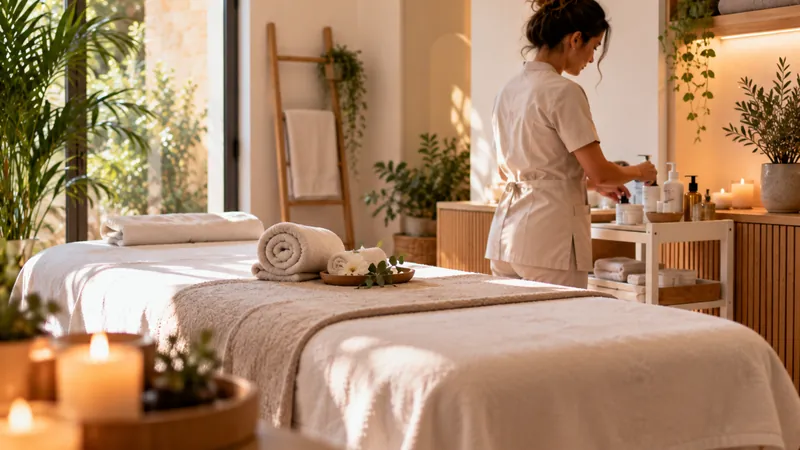 Una esteticista prepara sus productos en una cabina luminosa con camilla, toallas enrolladas, velas y plantas.