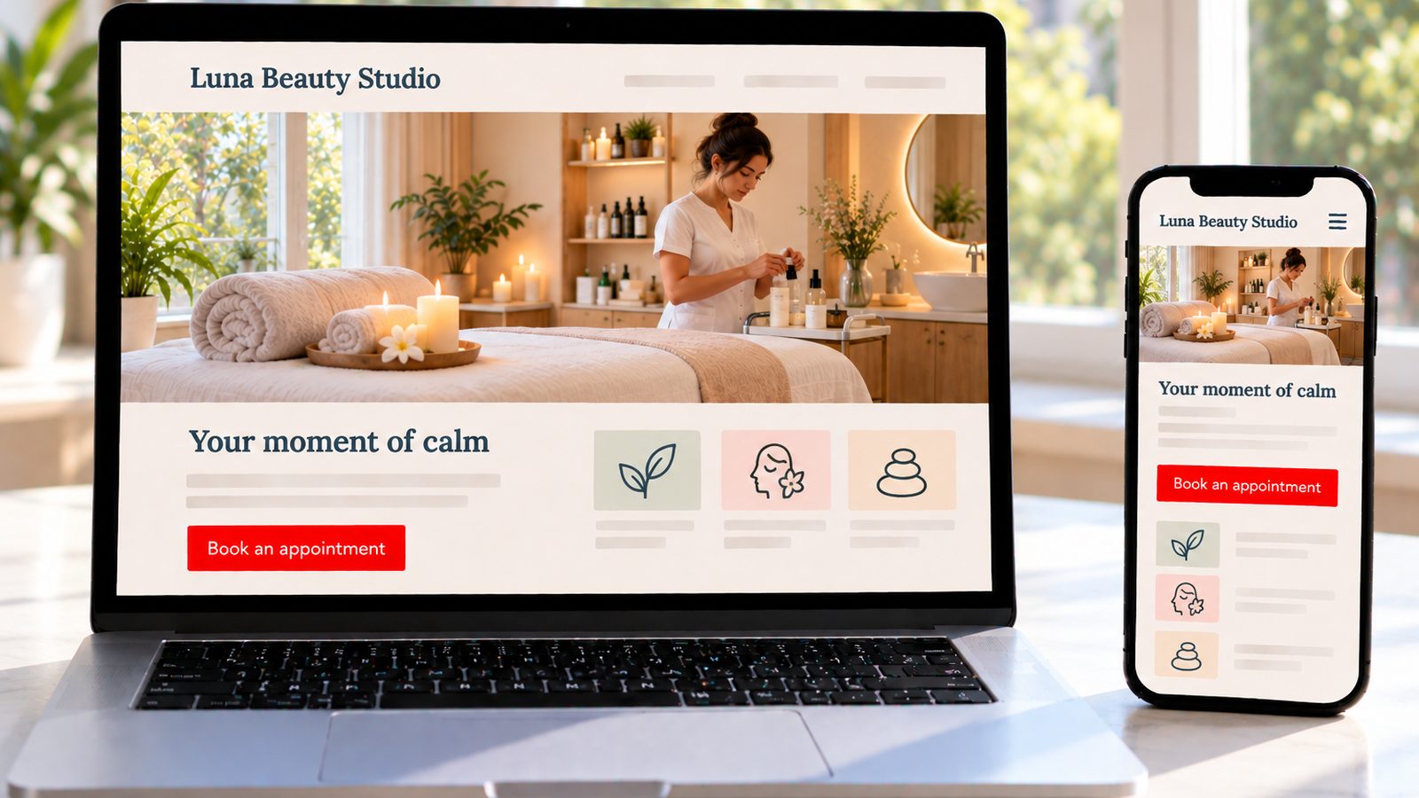 A laptop and smartphone display the Luna Beauty Studio website with a bright, calming treatment room.