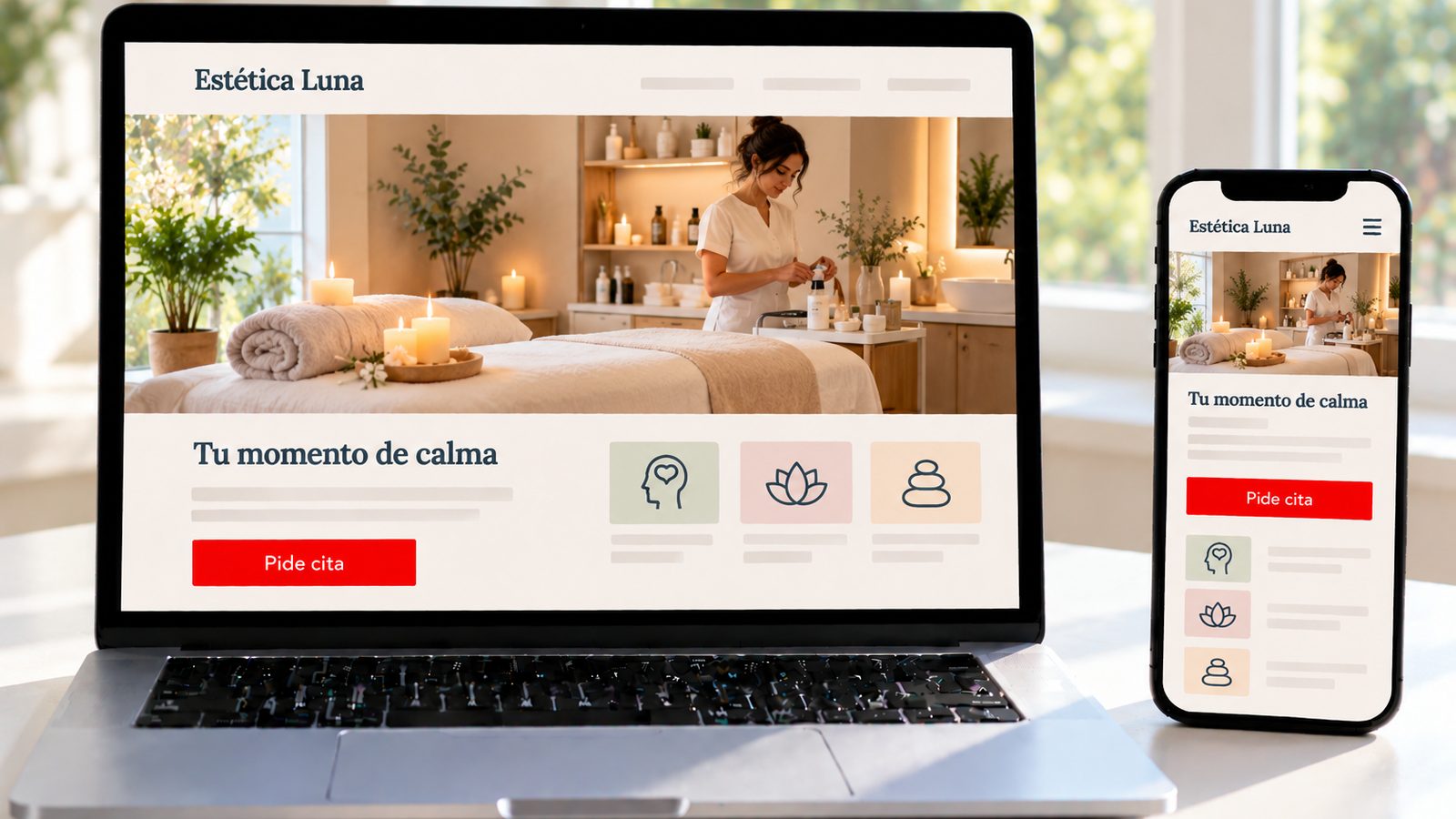 Un portátil y un móvil muestran la web de Estética Luna con una cabina de belleza luminosa y acogedora.