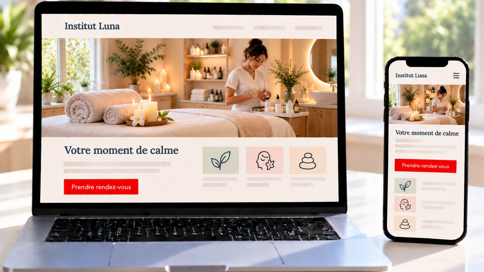 Un ordinateur et un smartphone présentent le site de l’Institut Luna avec une cabine de soins lumineuse et apaisante.