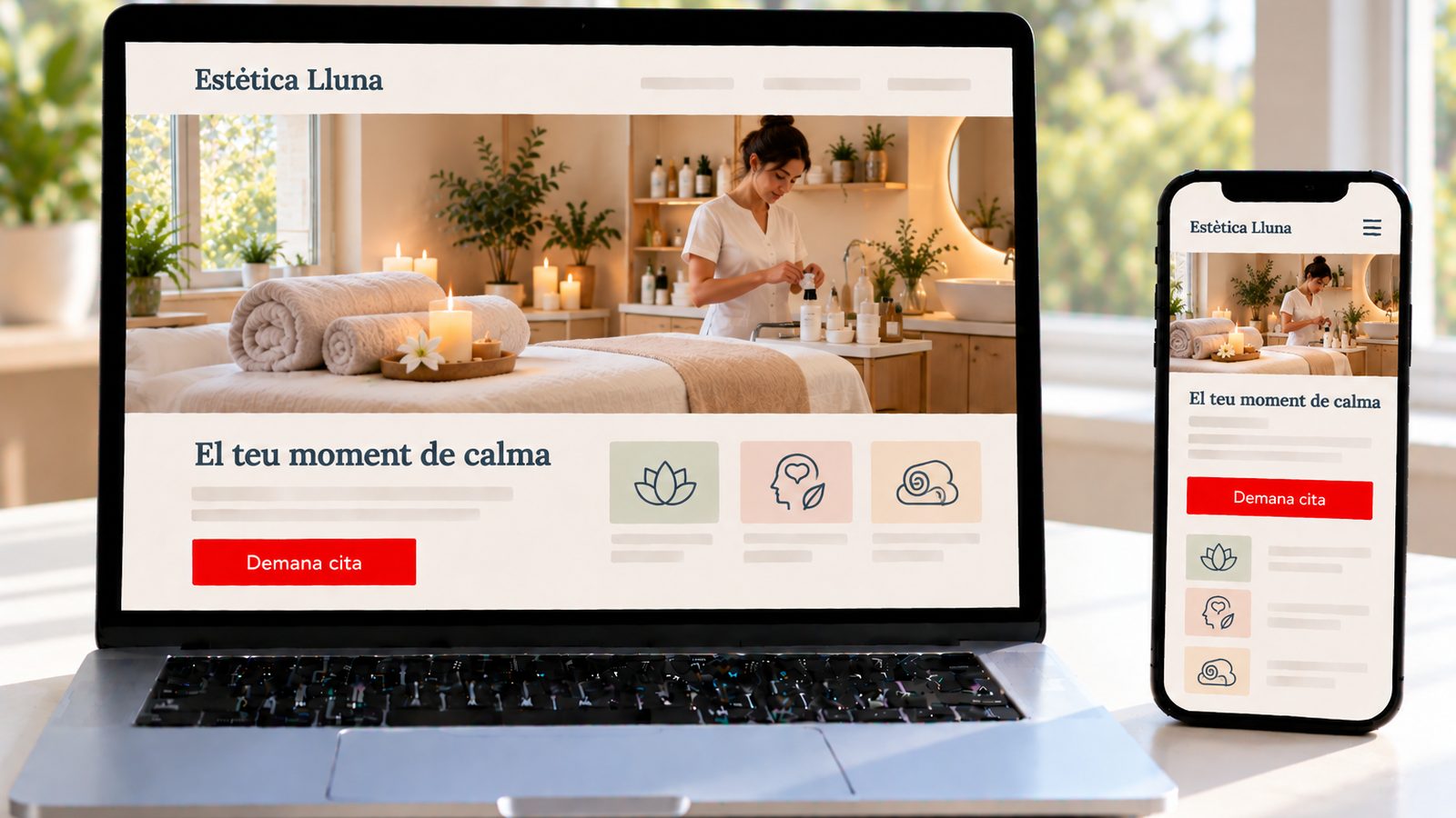 Un portàtil i un mòbil mostren la web d'Estètica Lluna amb una cabina de bellesa lluminosa.