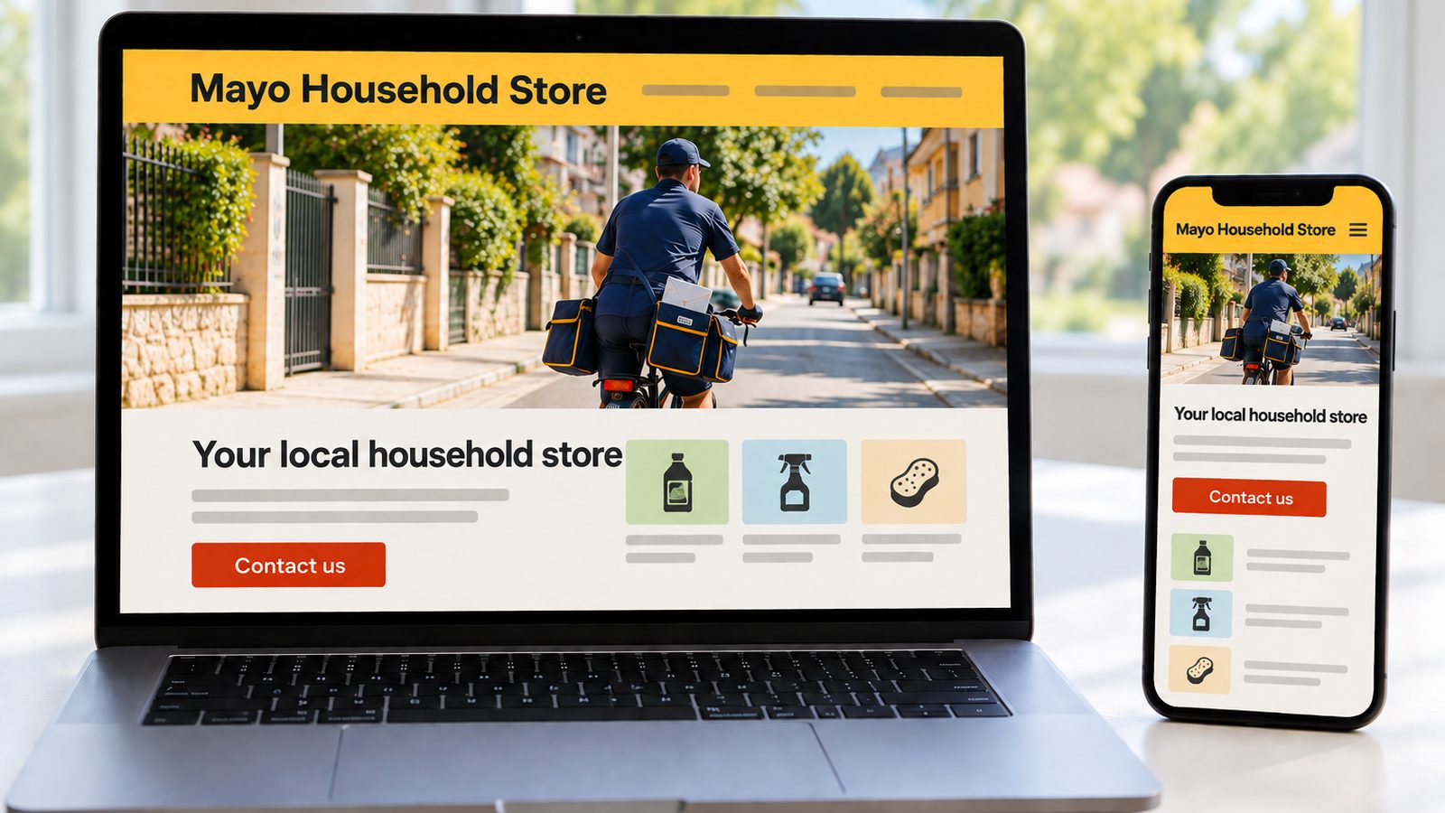 Laptop and smartphone show a neighborhood household store website in desktop and mobile layouts side by side.