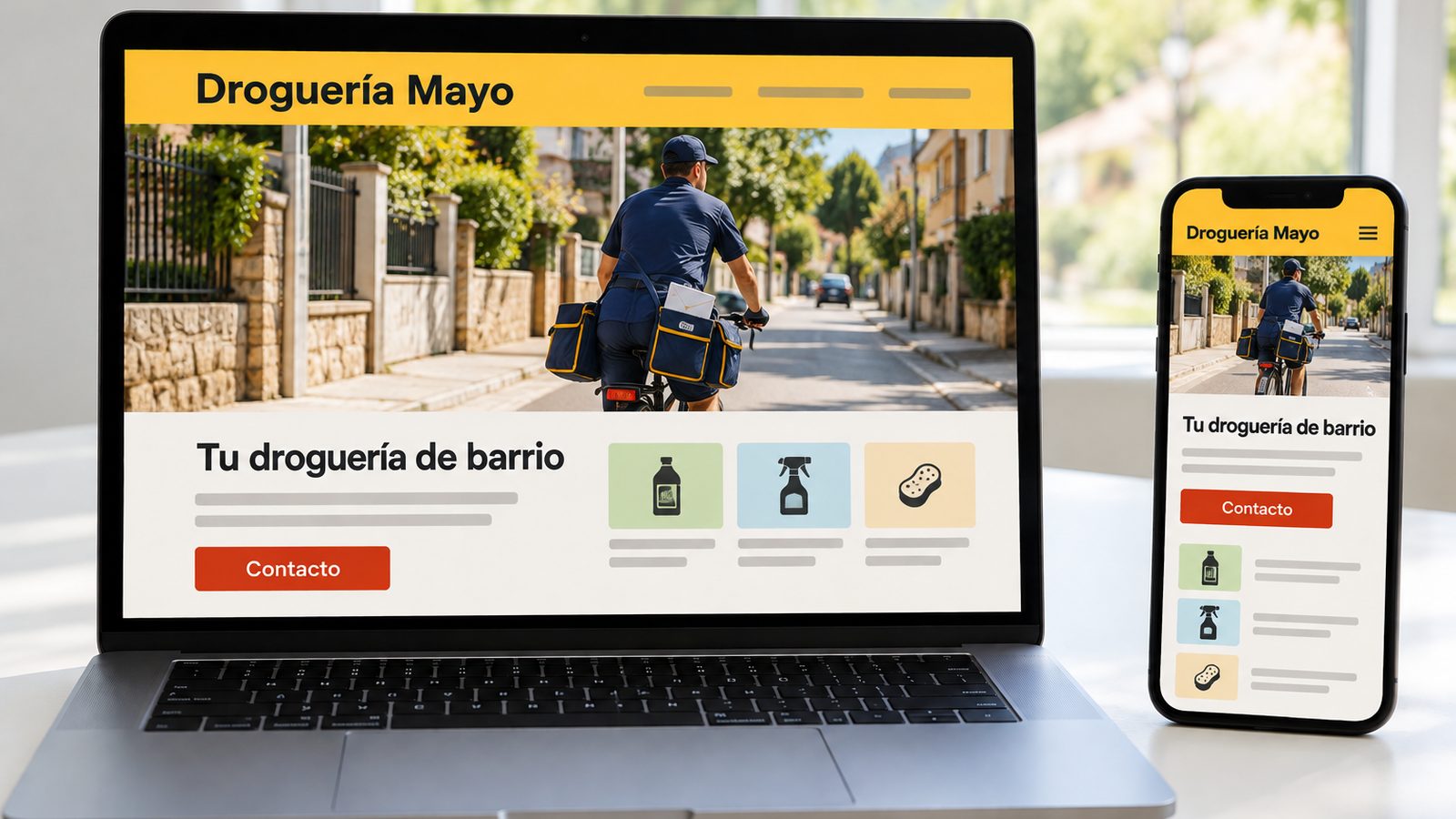 Un portátil y un móvil muestran la web de una droguería de barrio en versiones de escritorio y móvil.