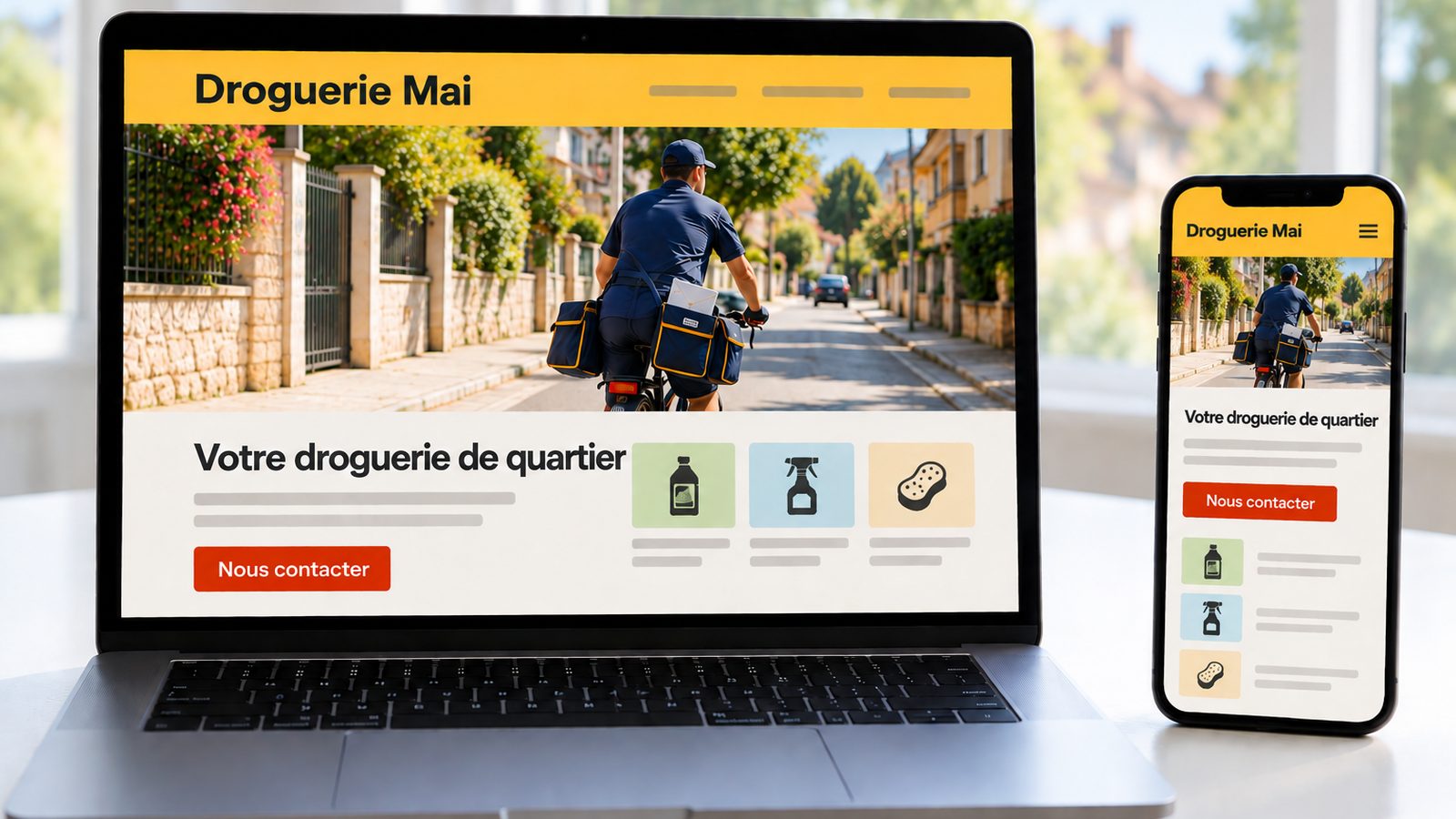Ordinateur portable et smartphone affichent le même site de droguerie de quartier en versions ordinateur et mobile.