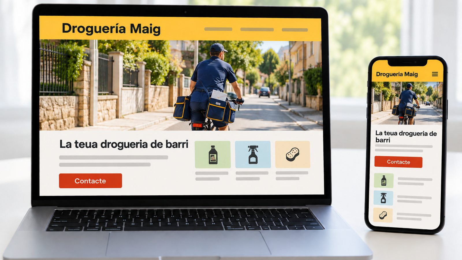 Ordinador i mòbil mostren la web d'una drogueria de barri en versions adaptades a cada pantalla.