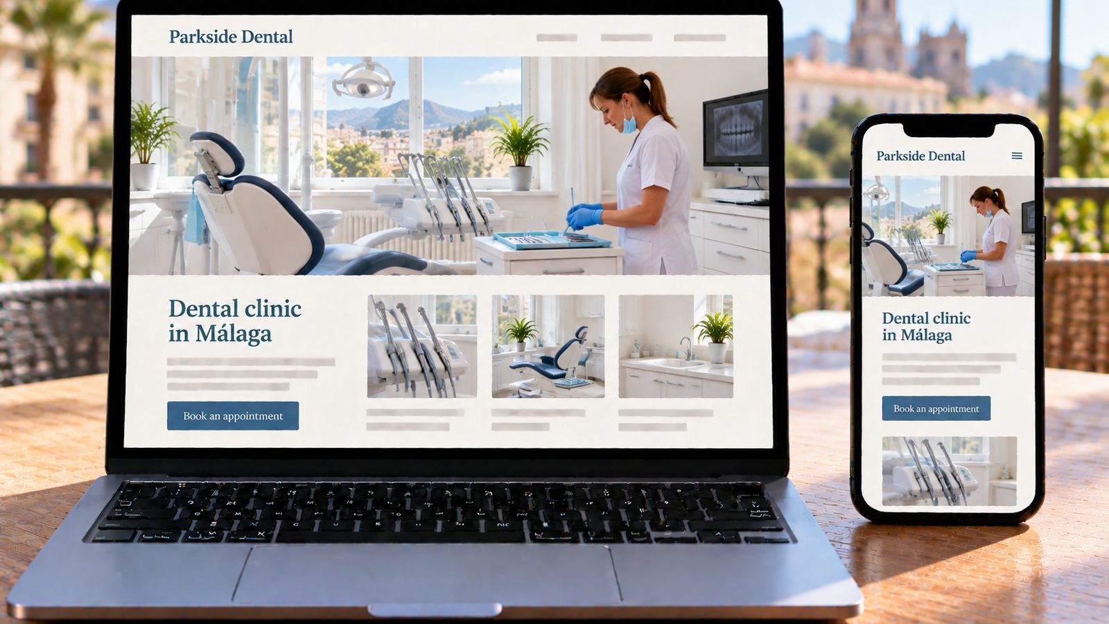 Laptop and phone display the Parkside Dental website, featuring a dentist preparing instruments in a bright clinic.