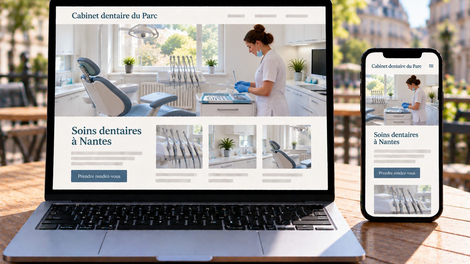 Un ordinateur et un téléphone affichent le site du Cabinet dentaire du Parc, avec une dentiste préparant ses instruments.