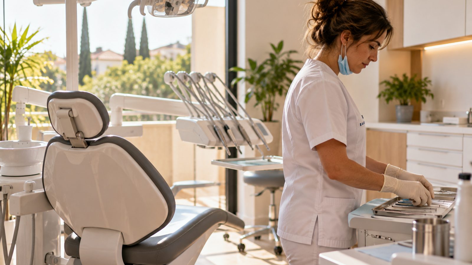 Une dentiste prépare un plateau d'instruments près d'un fauteuil dentaire vide dans un cabinet lumineux.