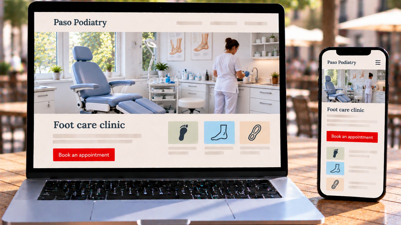 A laptop and smartphone display the Paso Podiatry website with a podiatrist preparing a bright treatment room.