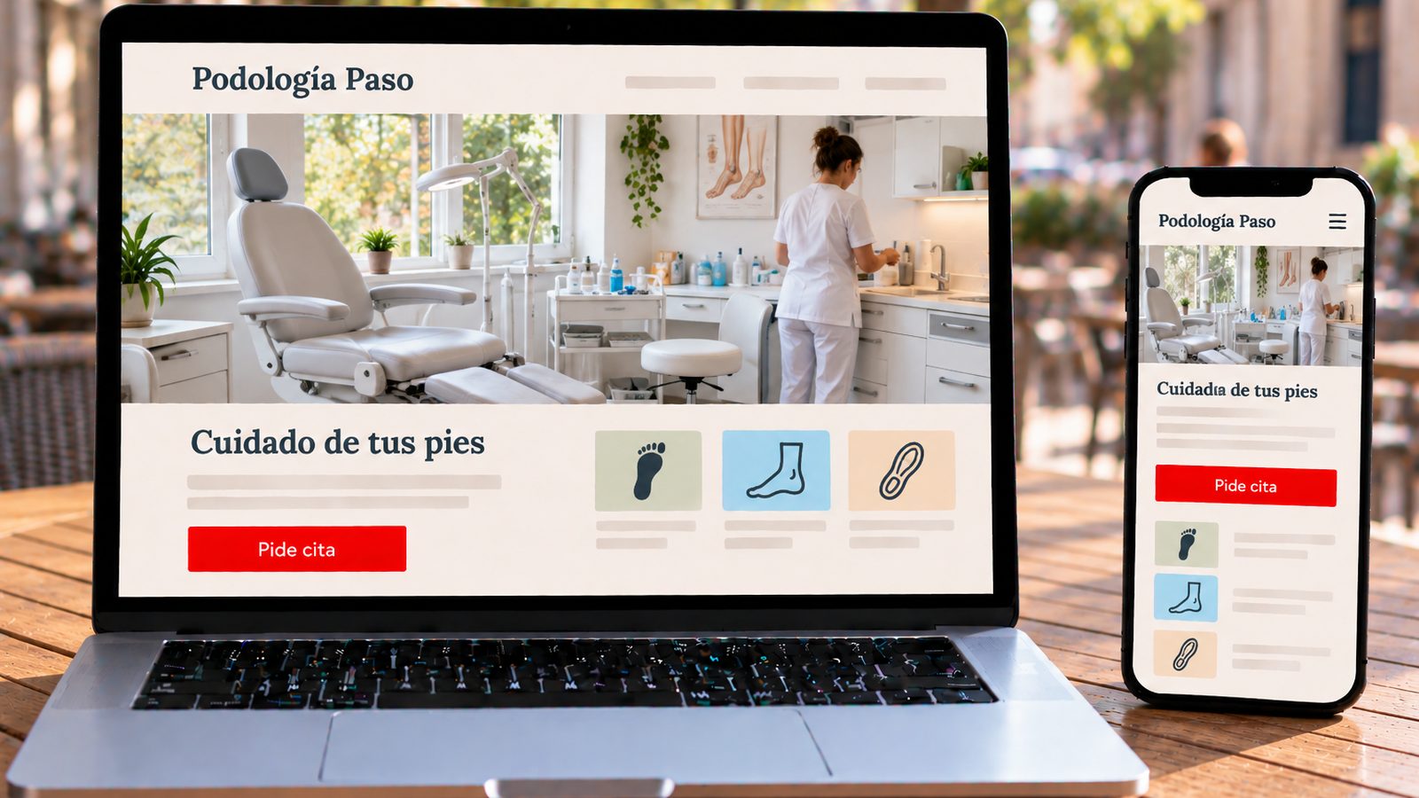 Un portátil y un móvil muestran la web de Podología Paso con una sala de tratamiento luminosa.
