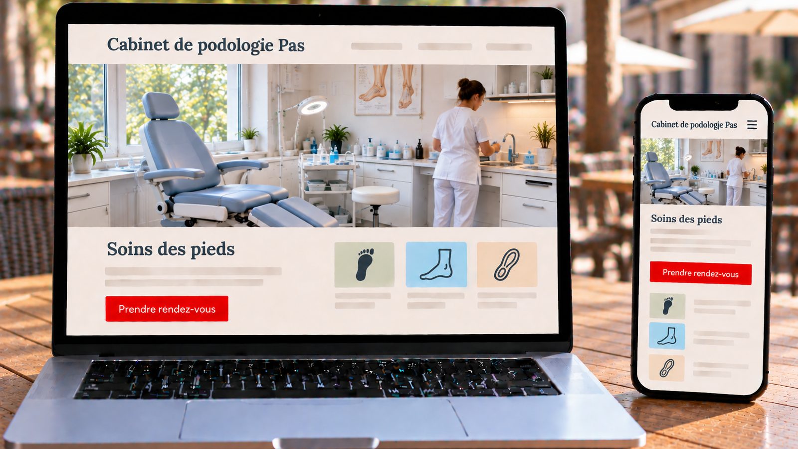 Un ordinateur et un smartphone affichent le site du Cabinet de podologie Pas et sa salle de soins lumineuse.