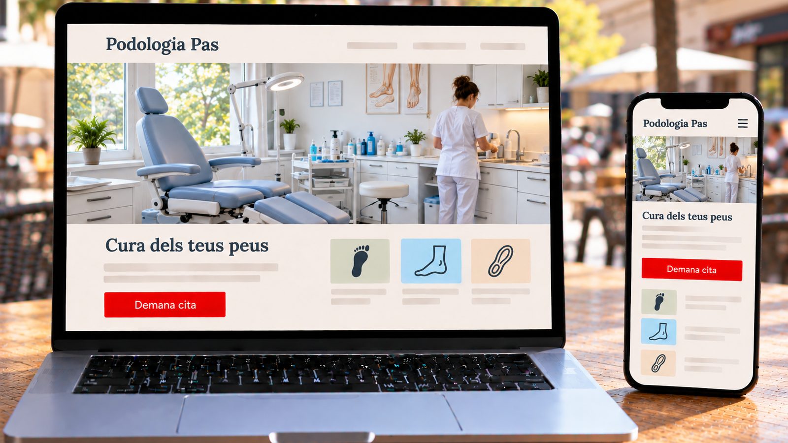 Un portàtil i un mòbil mostren la web de Podologia Pas amb una podòloga preparant la consulta.