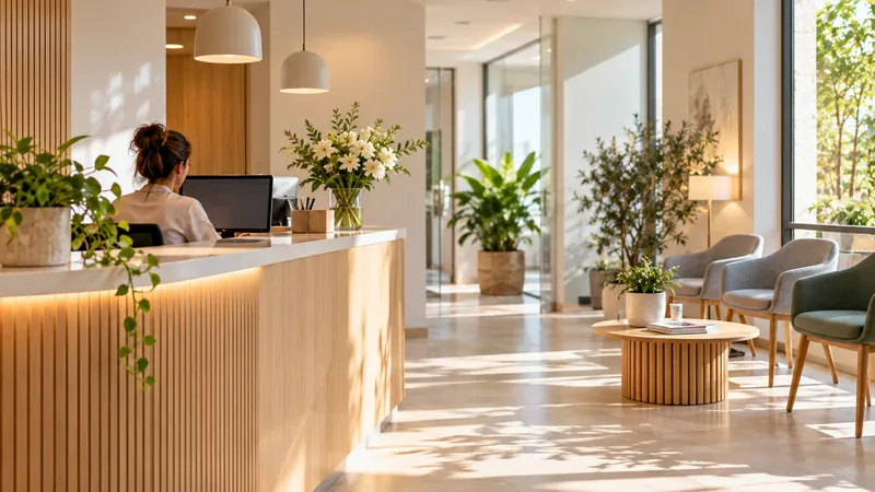 Recepción luminosa de una clínica con mostrador de madera, plantas y sala de espera vacía; una recepcionista trabaja de espaldas.