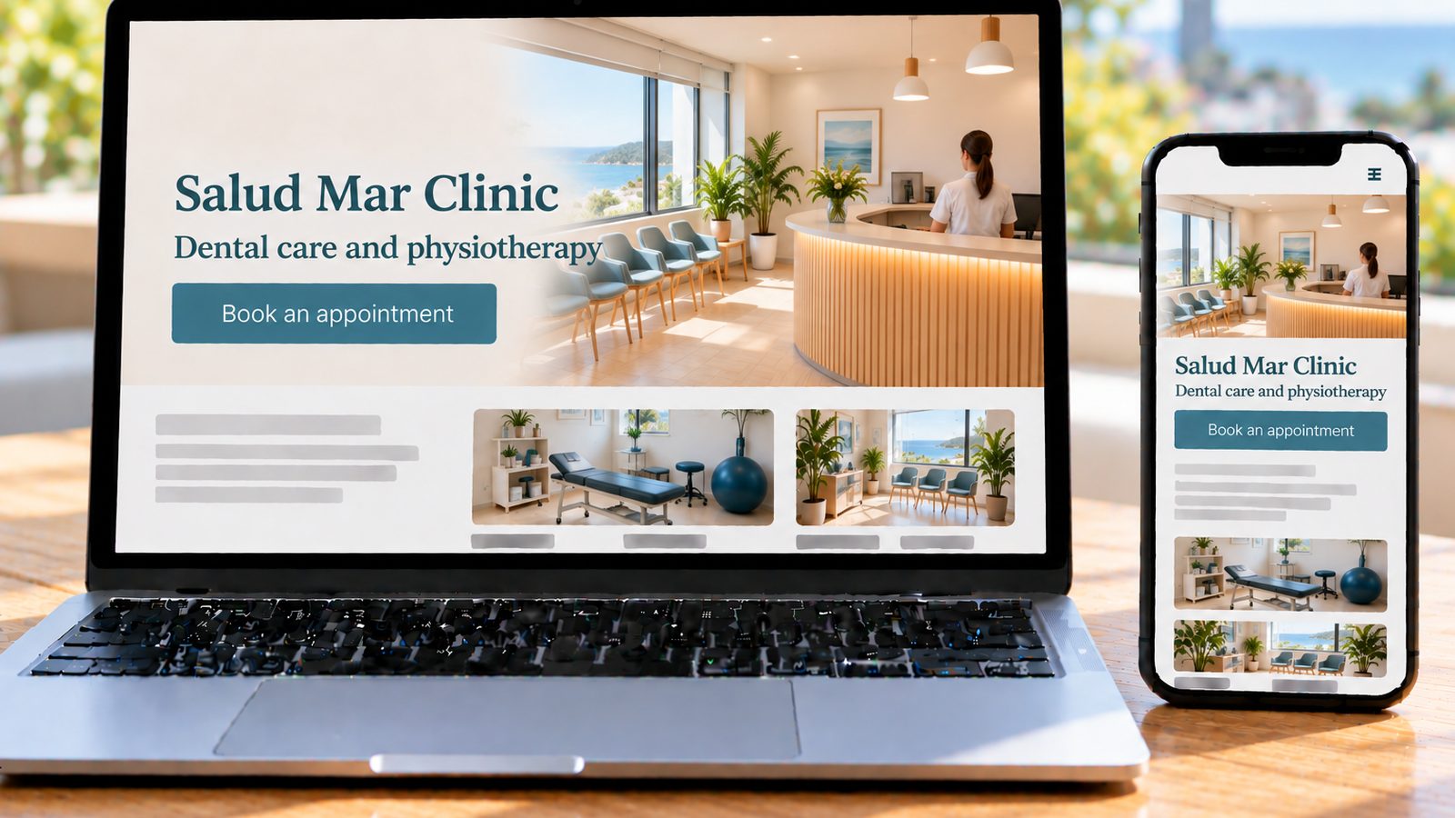 A laptop and smartphone display a dental and physiotherapy clinic website with a bright, welcoming reception.
