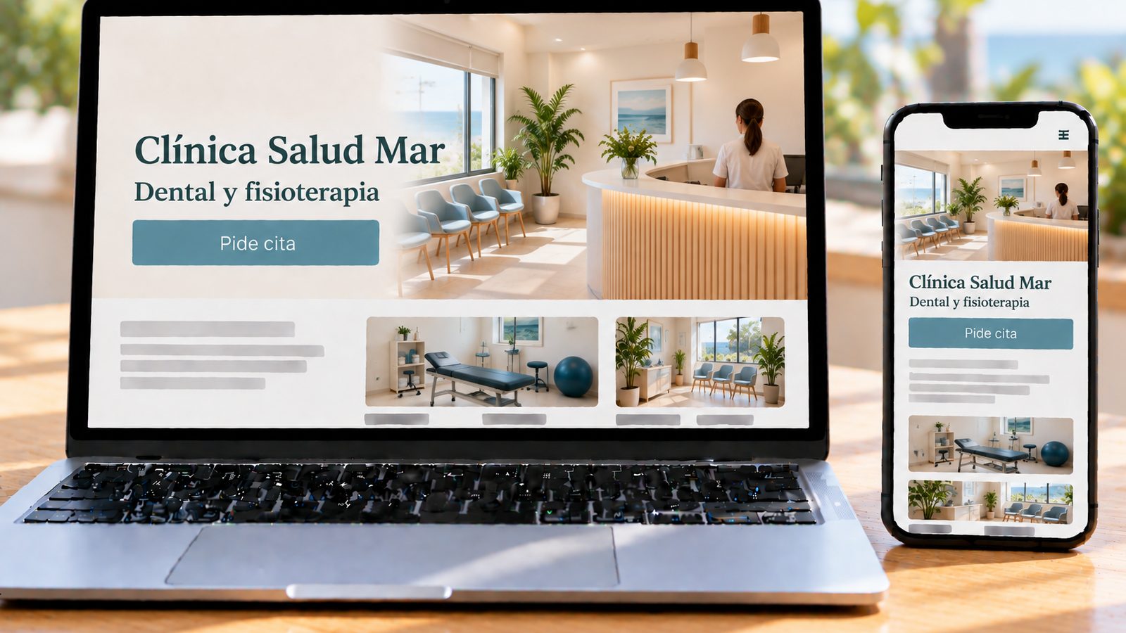 Un portátil y un móvil muestran la web de una clínica dental y de fisioterapia con una recepción luminosa.