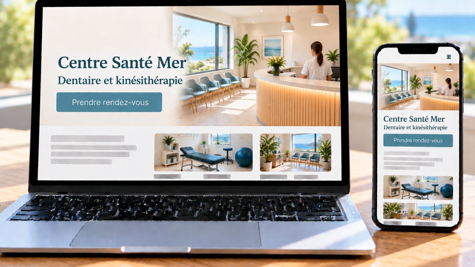 Un ordinateur portable et un smartphone affichent le site d’un centre dentaire et de kinésithérapie lumineux.