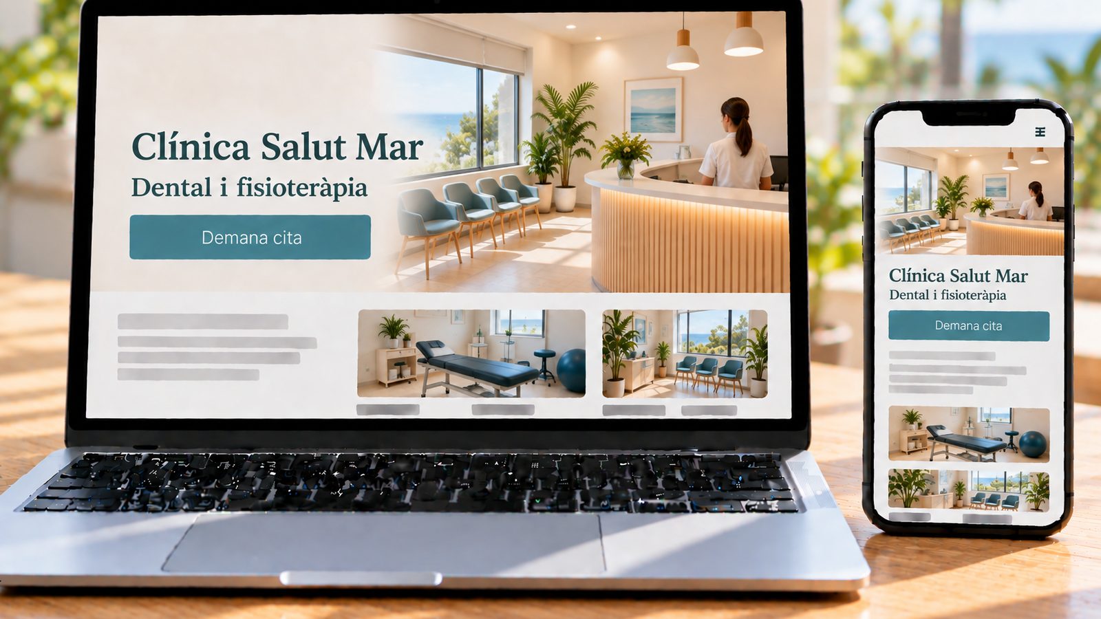 Un portàtil i un mòbil mostren la web d’una clínica dental i de fisioteràpia amb una recepció lluminosa.