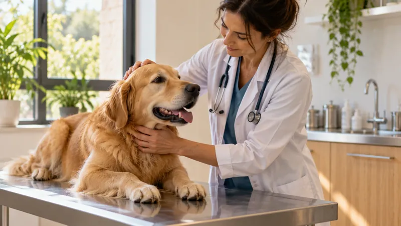 Una veterinaria acaricia a un golden retriever tranquilo sobre la mesa de exploración de una clínica luminosa.