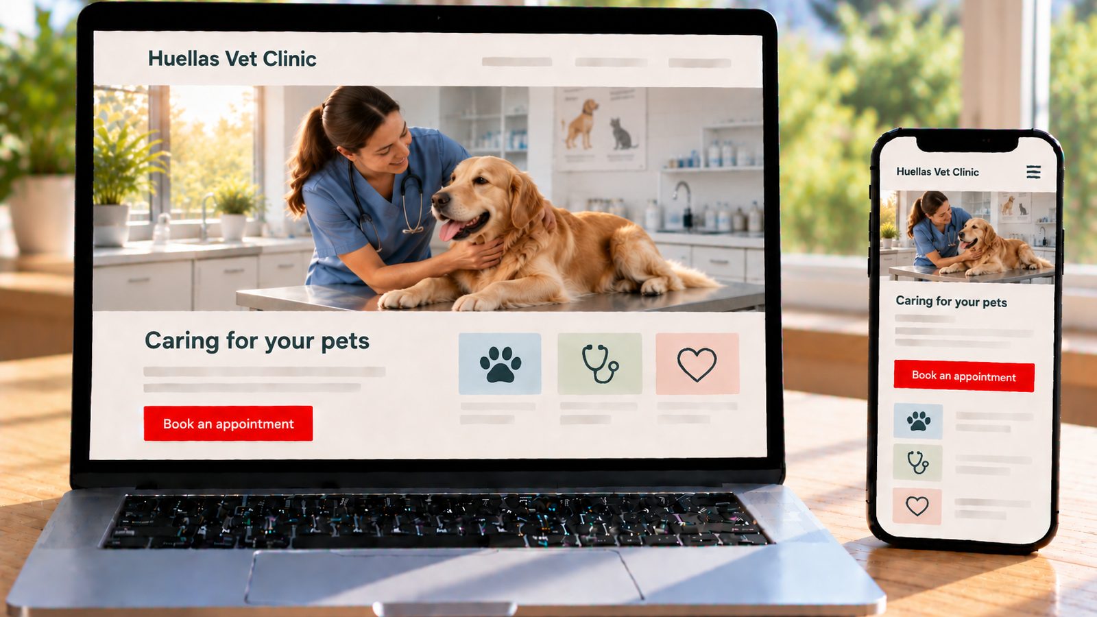 A laptop and smartphone show the Huellas Vet Clinic website with a veterinarian caring for a golden retriever.