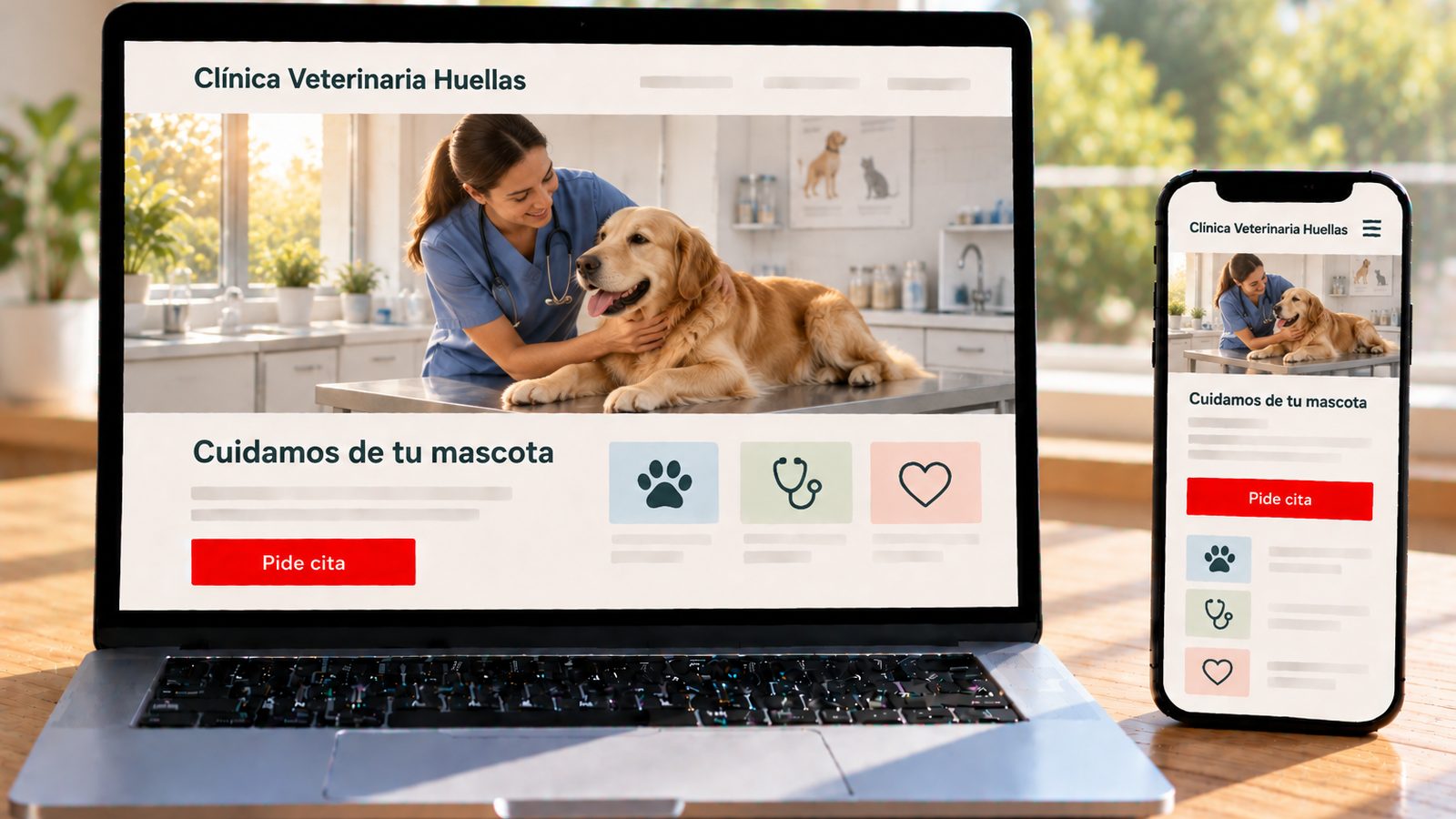 Un portátil y un móvil muestran la web de Clínica Veterinaria Huellas con una veterinaria y un golden retriever.