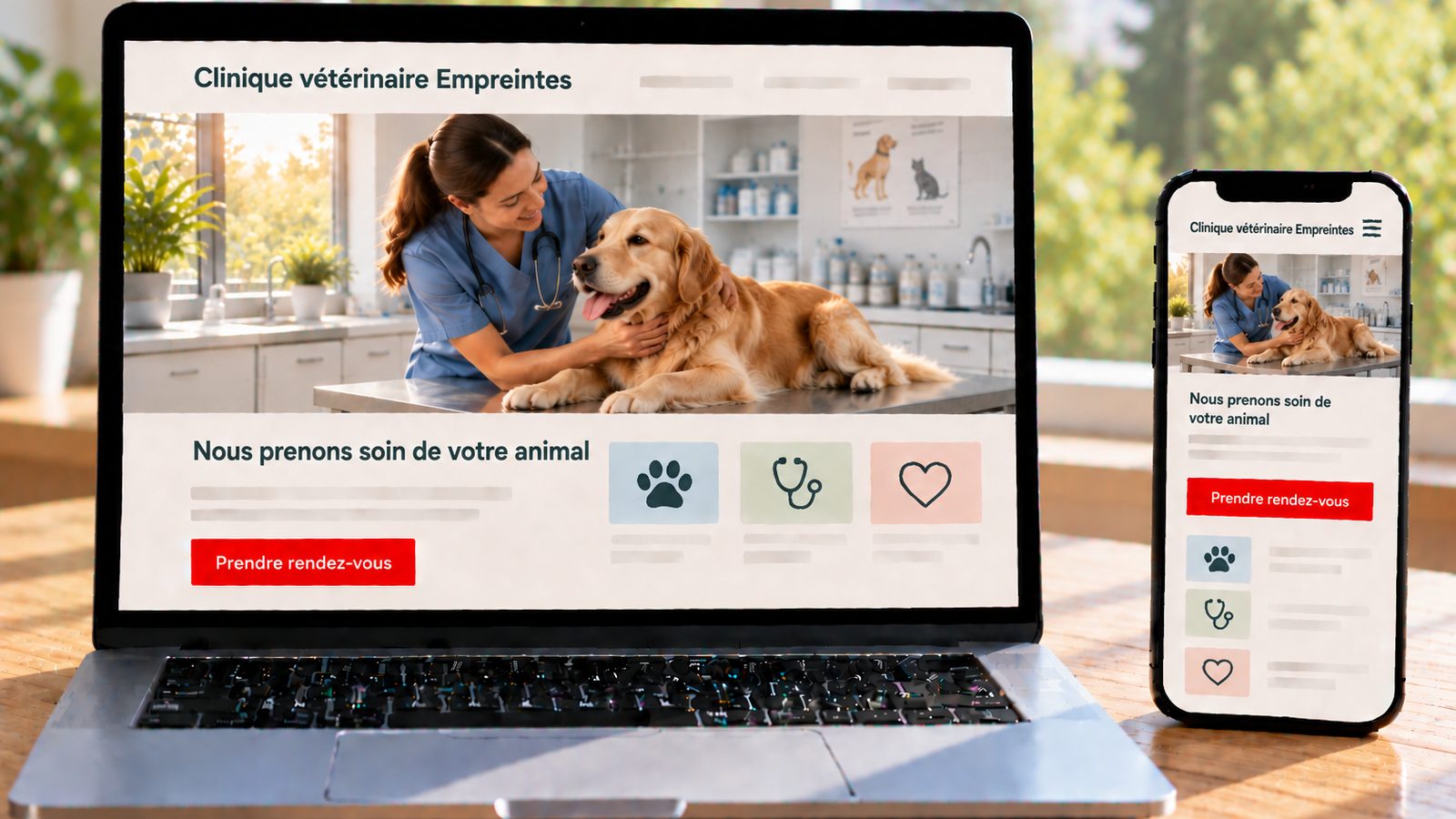 Un ordinateur et un smartphone affichent le site de la Clinique vétérinaire Empreintes avec une vétérinaire et un golden retriever.