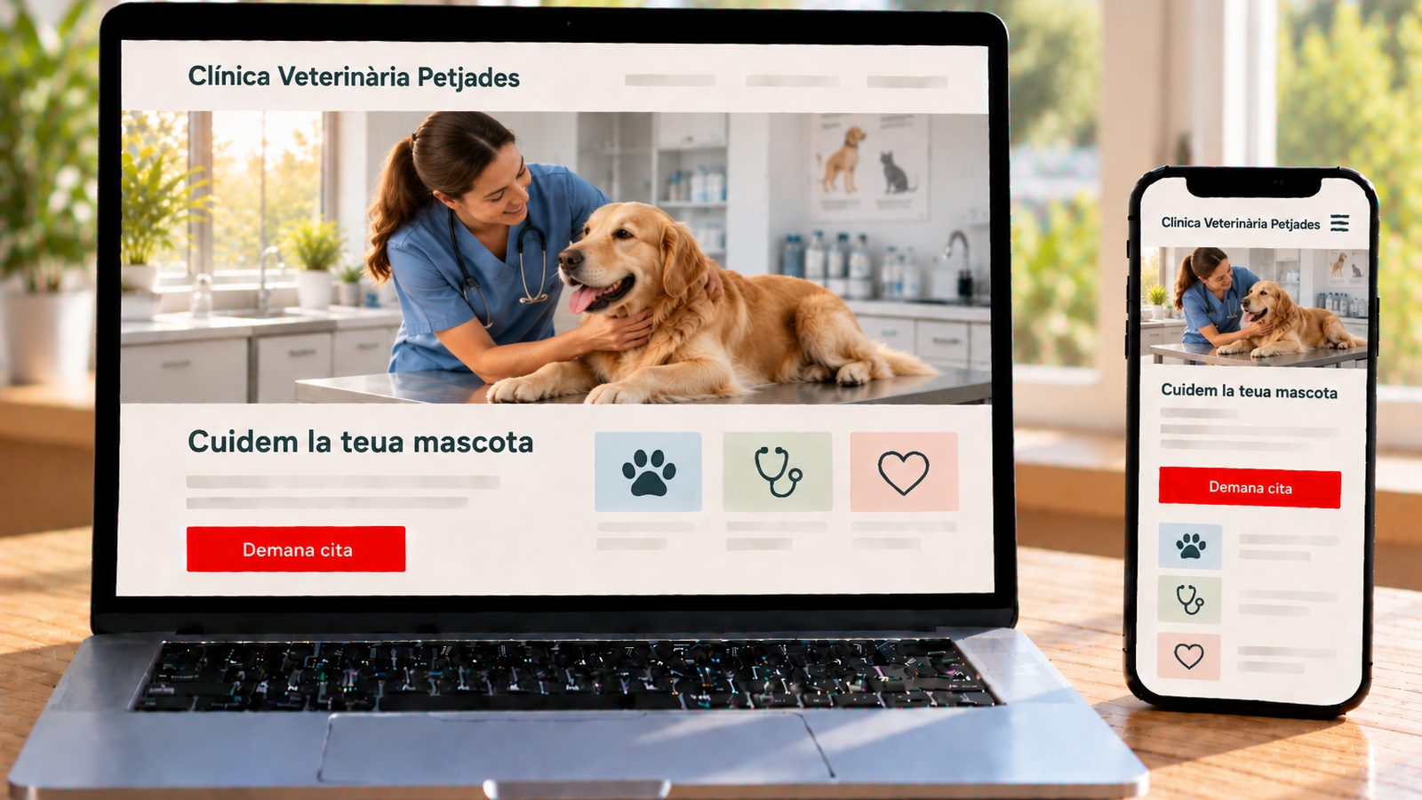 Un ordinador i un mòbil mostren la web de Clínica Veterinària Petjades amb una veterinària i un golden retriever.
