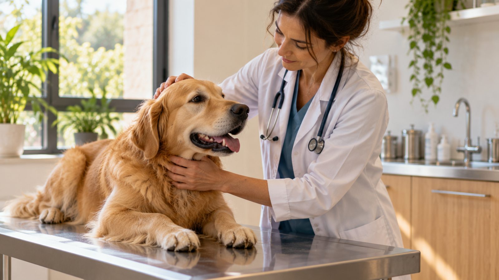 Une vétérinaire caresse un golden retriever calme sur la table d'examen d'une clinique lumineuse.