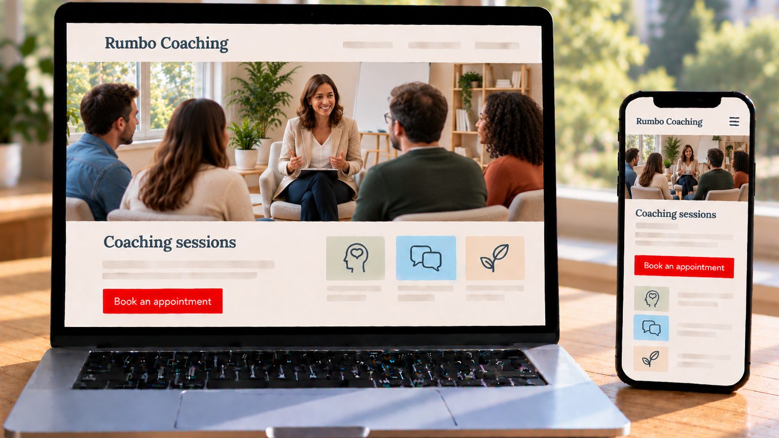 A laptop and smartphone display the Rumbo Coaching website with a coach leading a group session.