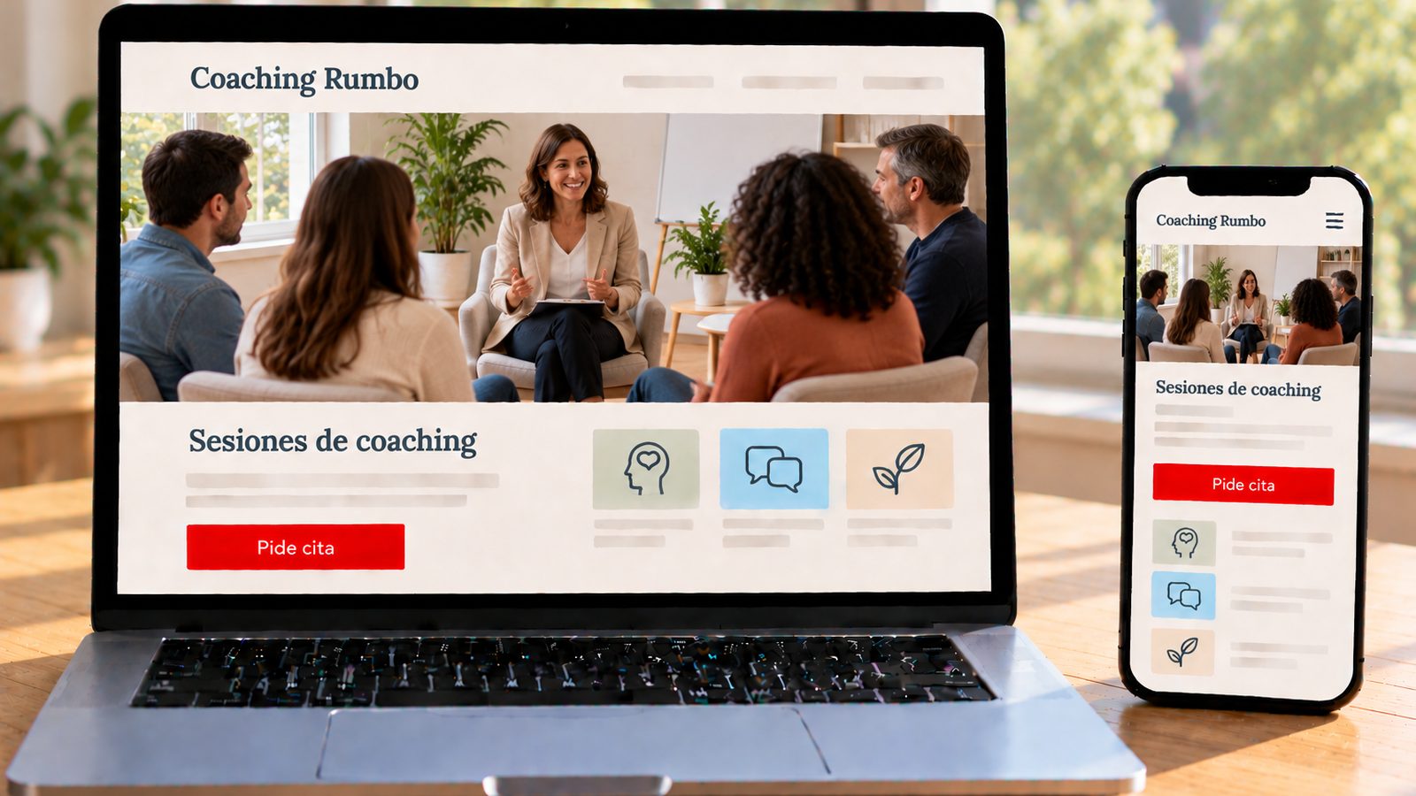 Un portátil y un móvil muestran la web de Coaching Rumbo con una sesión grupal en una sala luminosa.