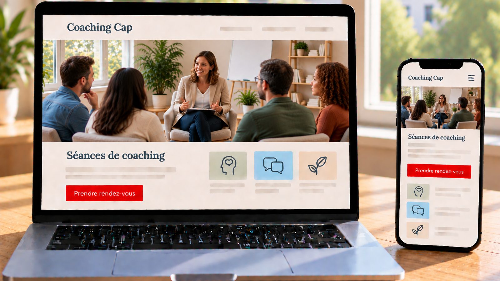 Un ordinateur et un smartphone affichent le site Coaching Cap avec une coach animant une séance de groupe.