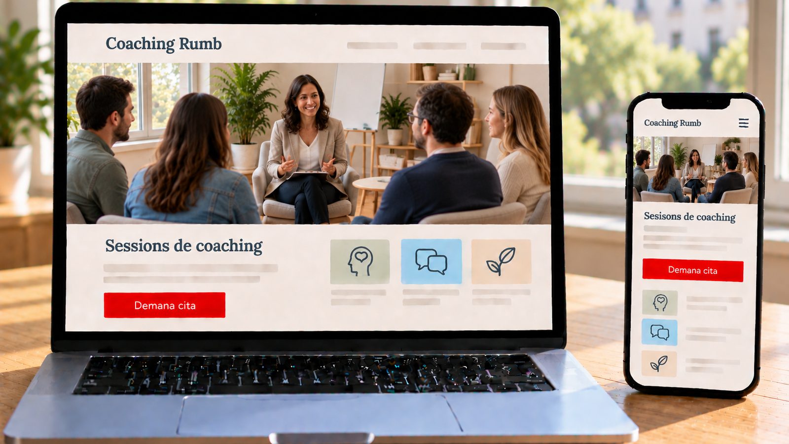 Un portàtil i un mòbil mostren la web de Coaching Rumb amb una sessió grupal en una sala lluminosa.