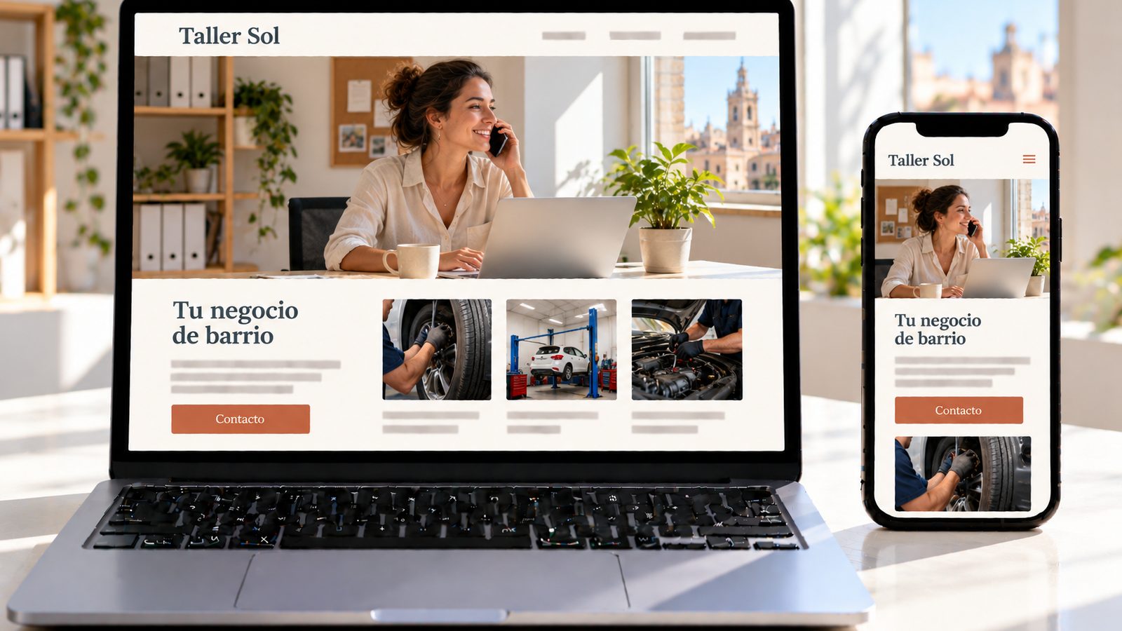 Portátil y móvil muestran la web Taller Sol con una asesora hablando por teléfono en una oficina luminosa.