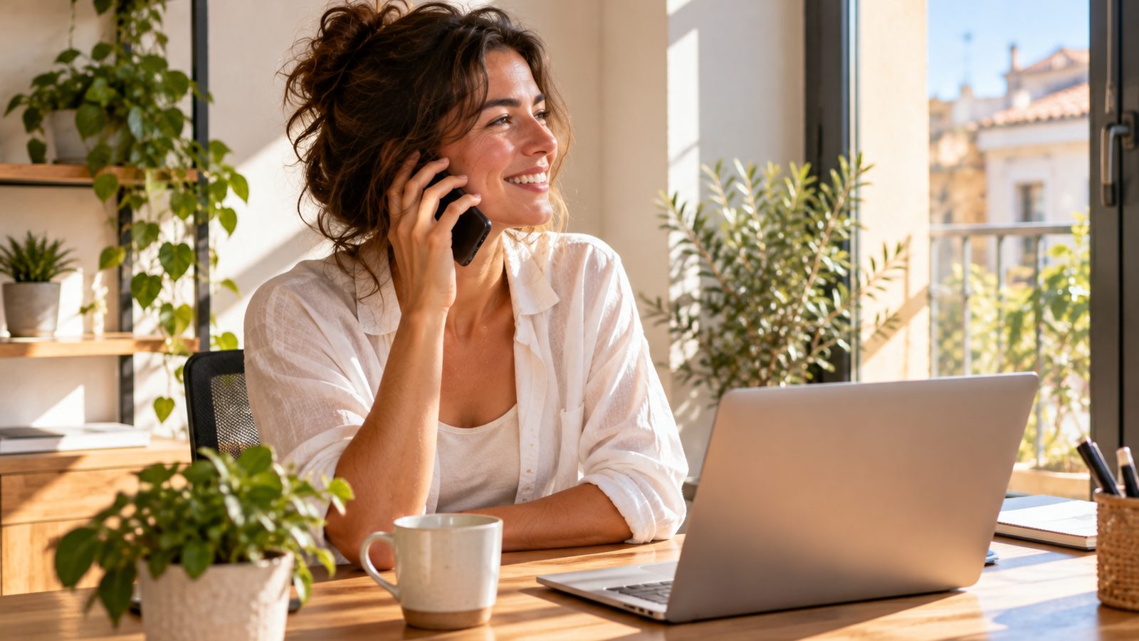 Una asesora web habla por teléfono en una oficina luminosa, con una taza de café y una planta sobre el escritorio.