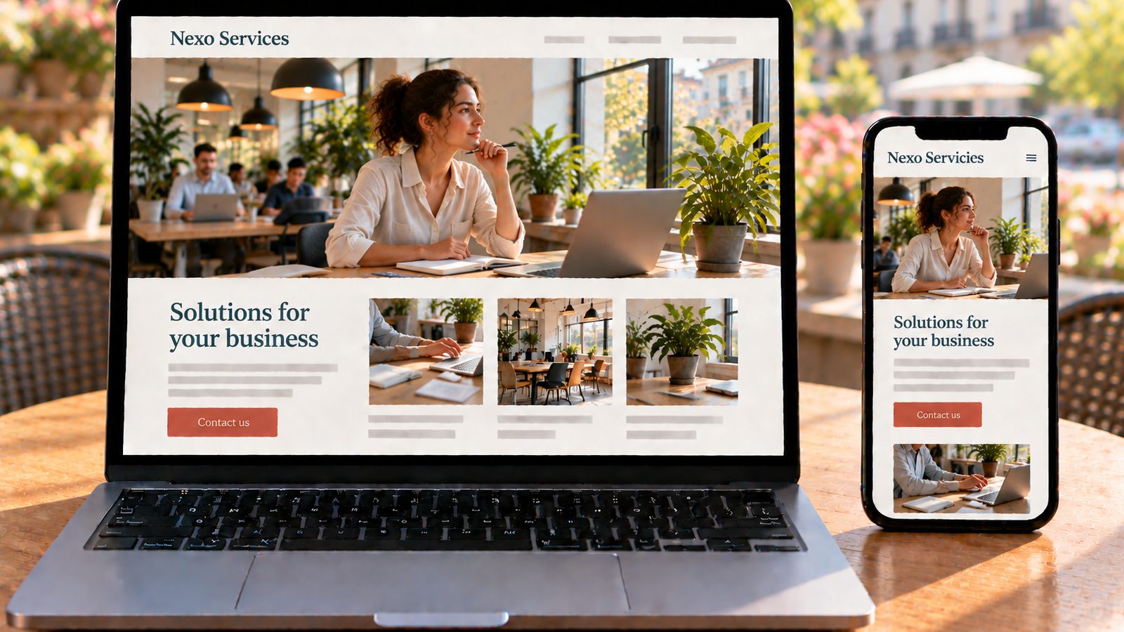 A laptop and smartphone display the Nexo Services website featuring an entrepreneur in a coworking space.