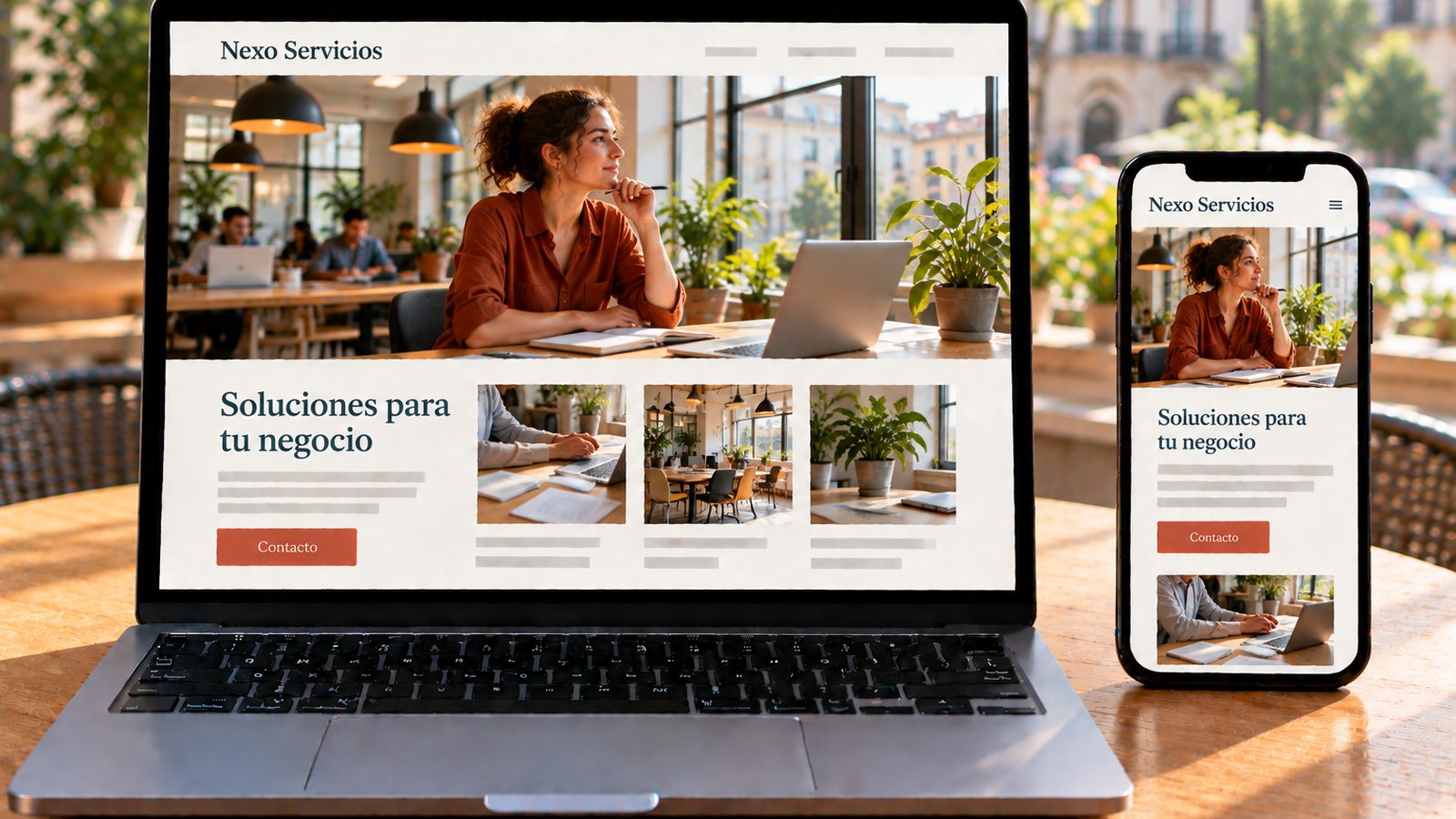 Un portátil y un móvil muestran la web de Nexo Servicios con una emprendedora en un espacio de coworking.
