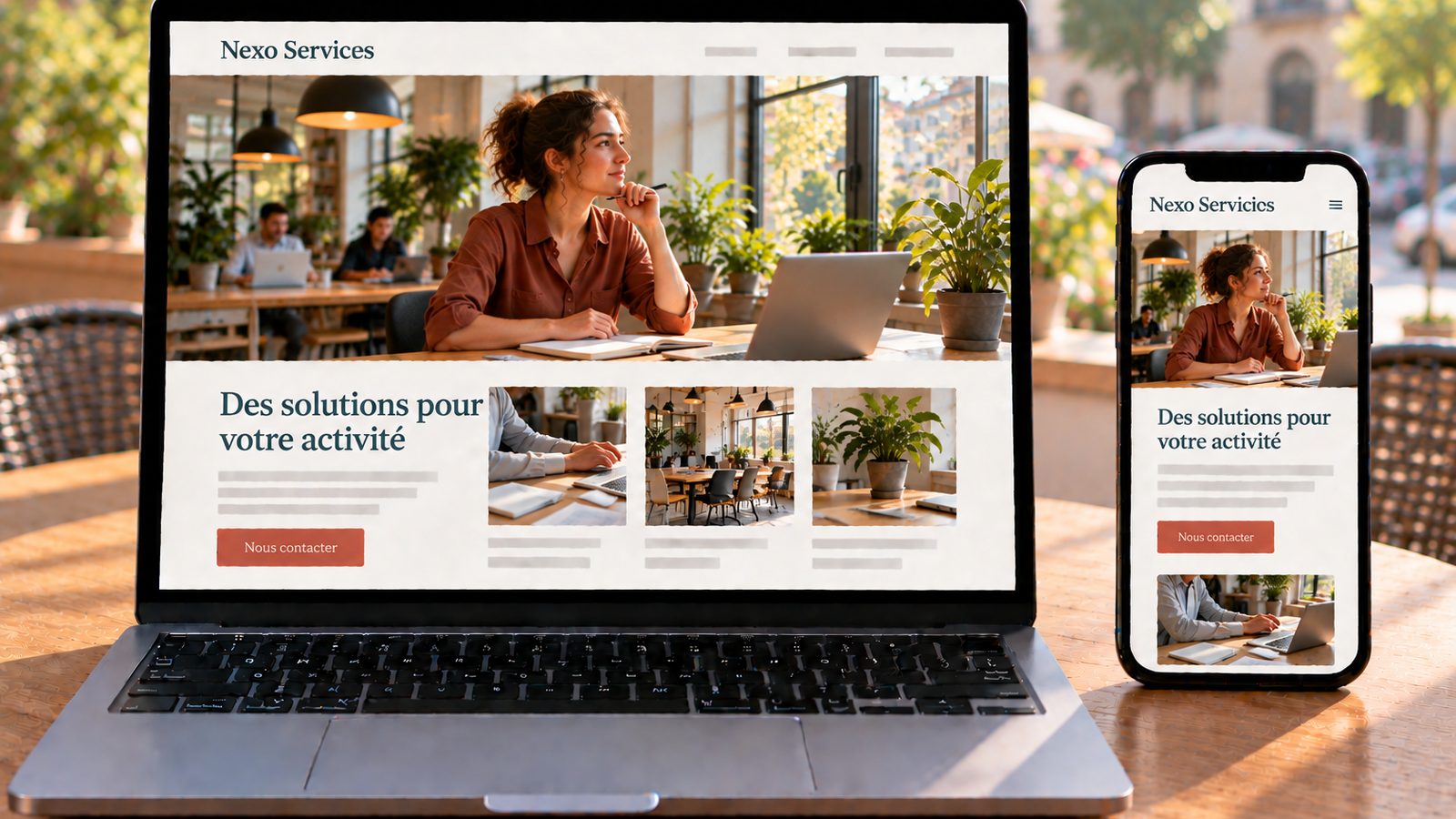 Un ordinateur et un smartphone affichent le site de Nexo Services avec une entrepreneuse dans un espace de coworking.