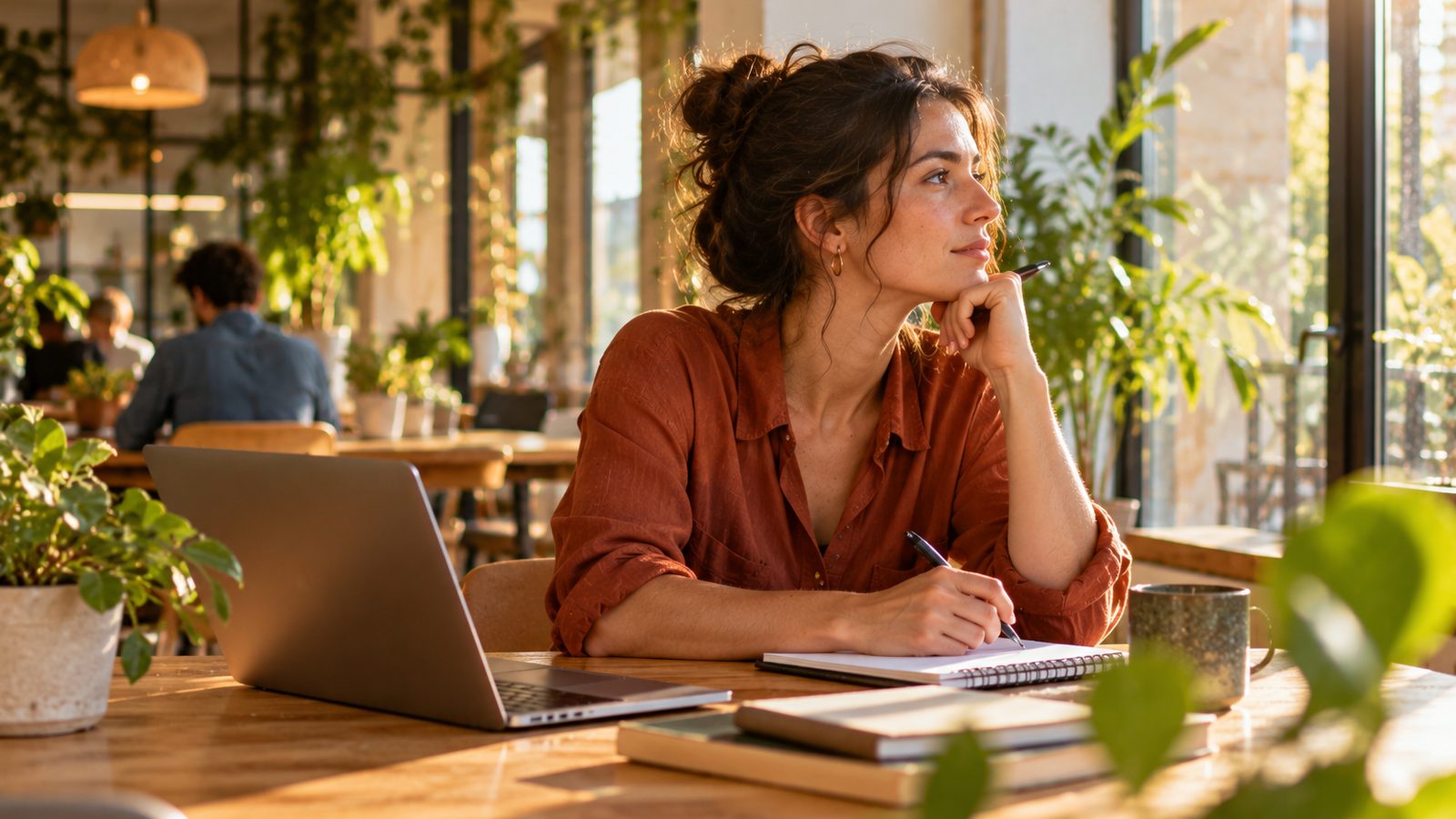 Une entrepreneuse réfléchit près d'une fenêtre dans un espace de coworking lumineux, un stylo à la main.