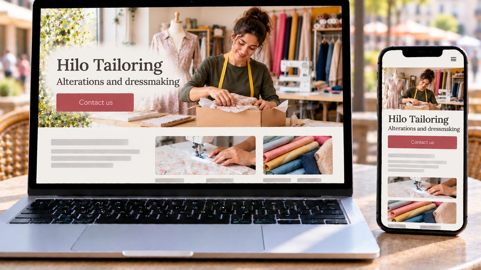A laptop and smartphone display the Hilo Tailoring website with a seamstress packing a finished garment.