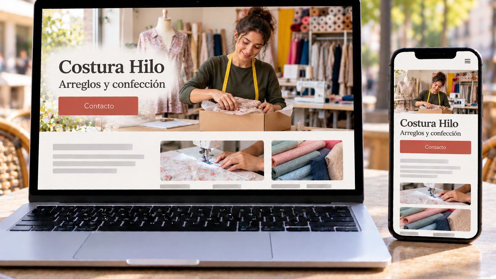 Un portátil y un móvil muestran la web de Costura Hilo con una modista preparando un pedido en su taller.