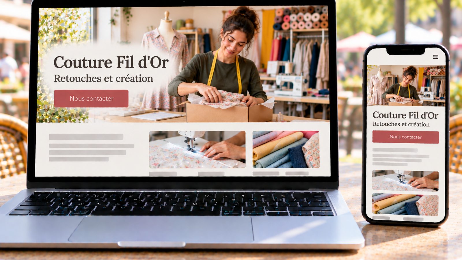 Un ordinateur et un smartphone affichent le site Couture Fil d'Or avec une couturière préparant une commande dans son atelier.
