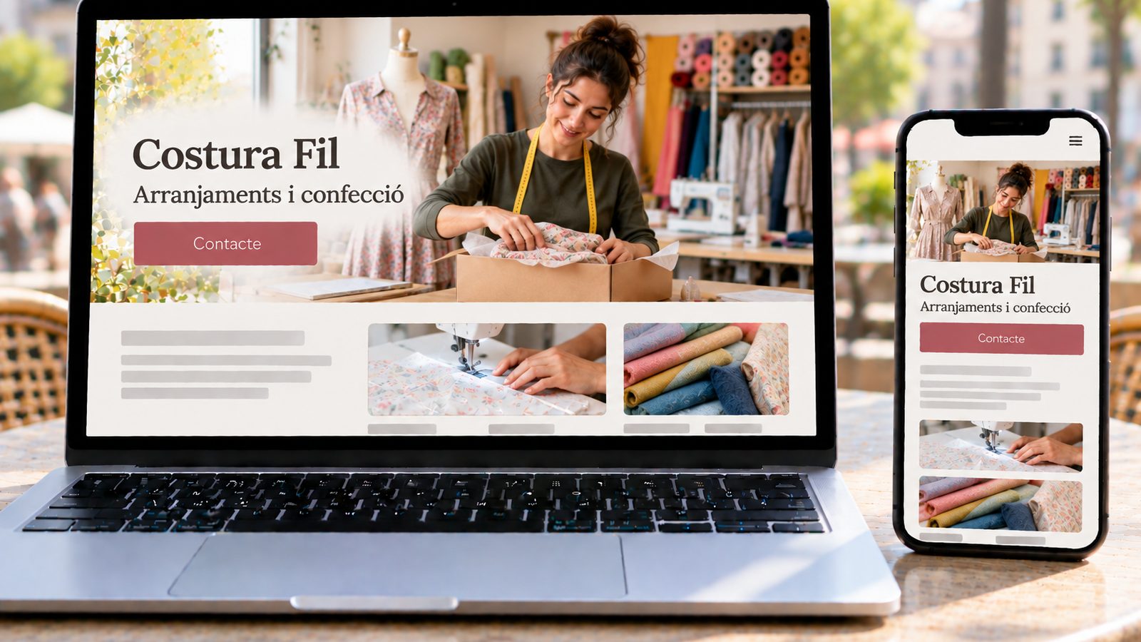 Un portàtil i un mòbil mostren la web de Costura Fil amb una modista treballant en el seu taller.