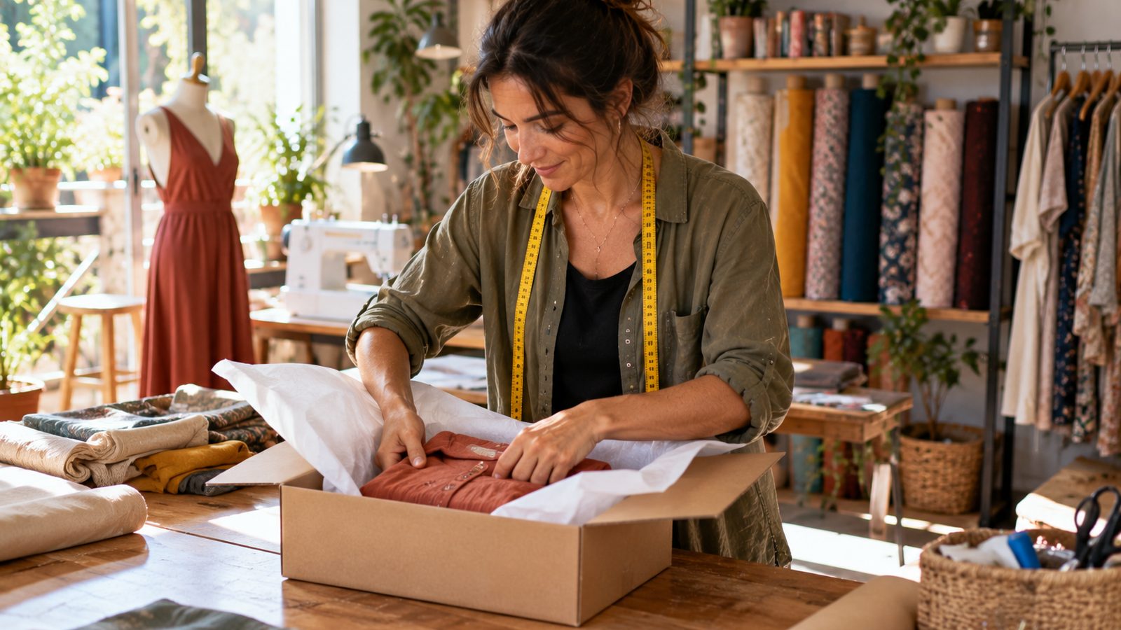 Una costurera empaqueta una prenda en una caja de cartón lisa en su taller, con una cinta métrica al cuello y telas al fondo.