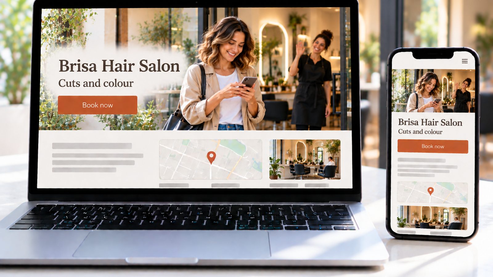 Laptop and smartphone display the Brisa Hair Salon website with a smiling customer and stylist in the hero image.