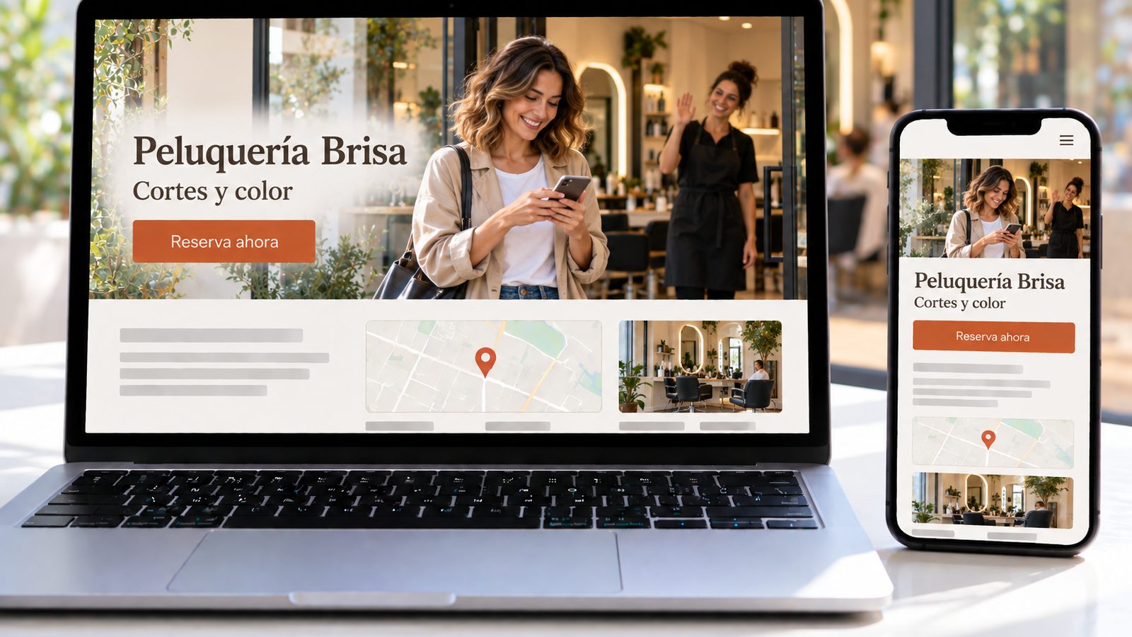 Un portátil y un móvil muestran la web de Peluquería Brisa con una clienta y una estilista en la imagen principal.