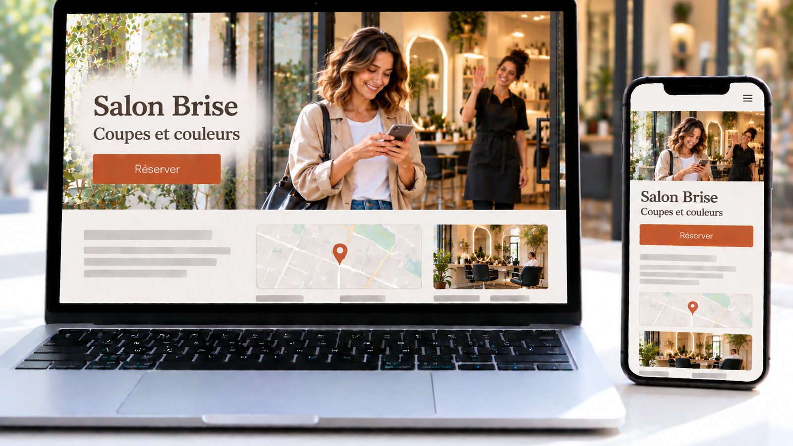 Un ordinateur et un smartphone affichent le site du Salon Brise avec une cliente souriante et une coiffeuse.